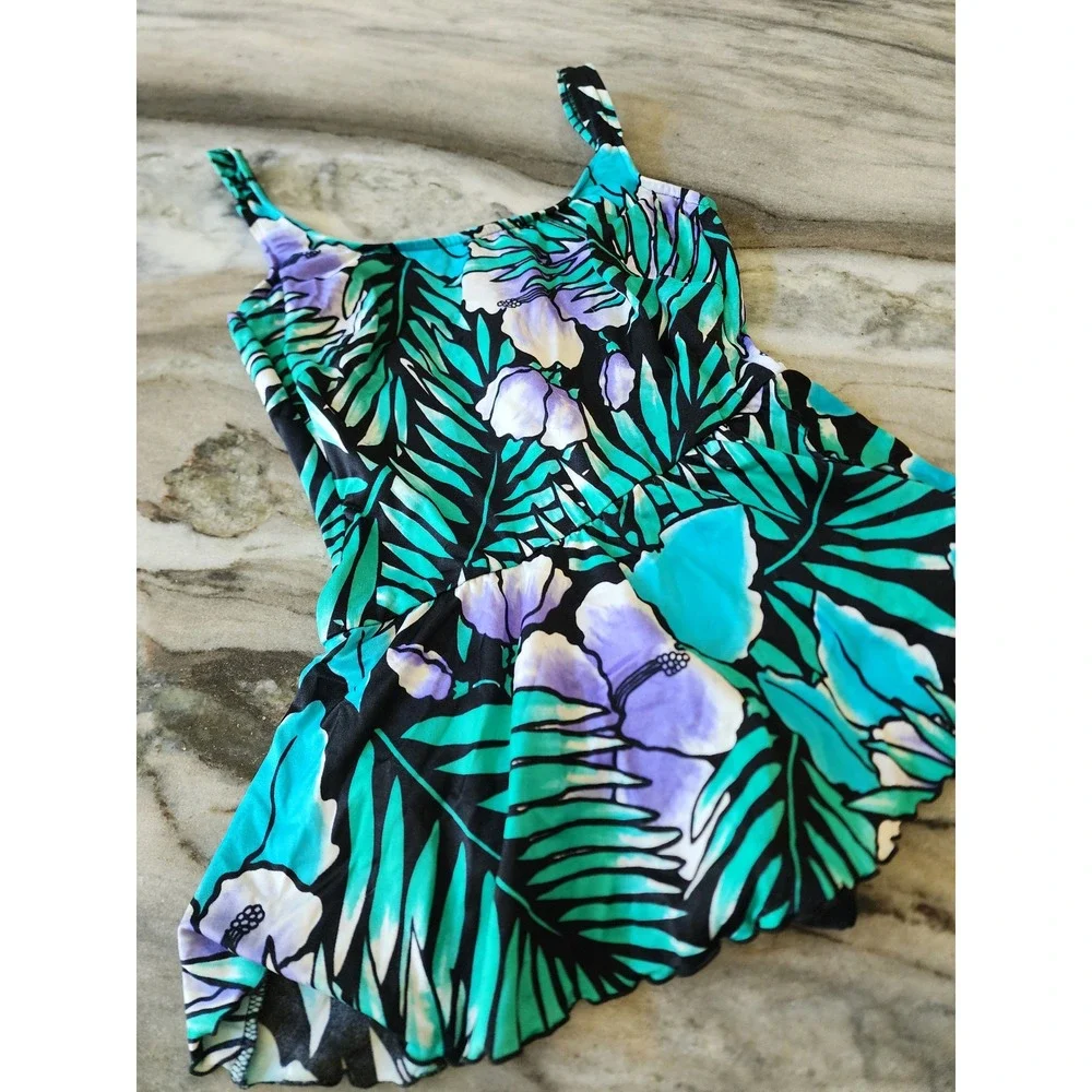Vintage Robby Len Tropical Floral Swimdress One Piece Teal Purple USA Made